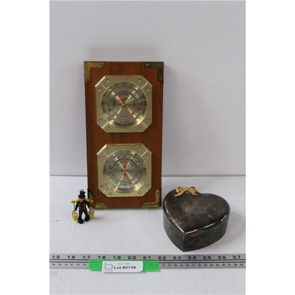 Bulova Barometer & Thermometer Gauge, Metal Heart Storage Case, Pail Man Ornament