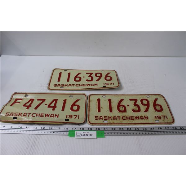 (3) Saskatchewan License Plates - Pair + Farm Plate - 1971