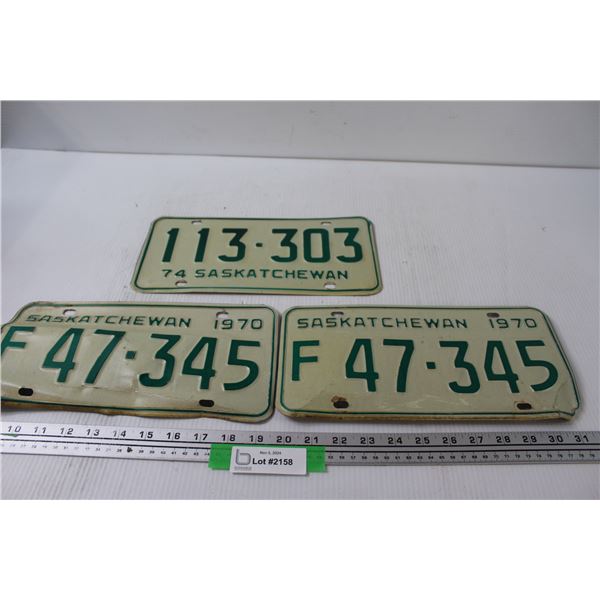 (3) Saskatchewan License Plate - Pair of Farm Plates and Single Plate 1970 & 1974