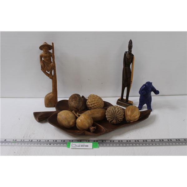 Wood Carved Veggies & Tray, (3) Statues