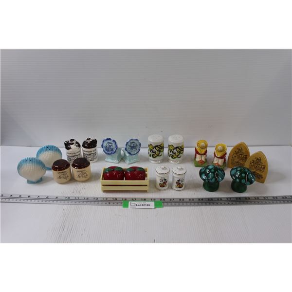 (10) Salt & Pepper Shakers - Mickey Mouse, Shells, Mushrooms, Apple, Irons, misc.