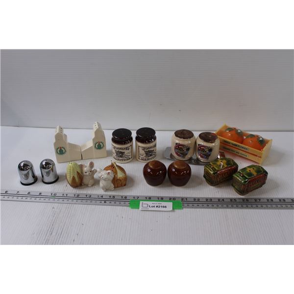 (8) Salt & Pepper Shakers - Grain Elevators, Oranges, Train, Misc.