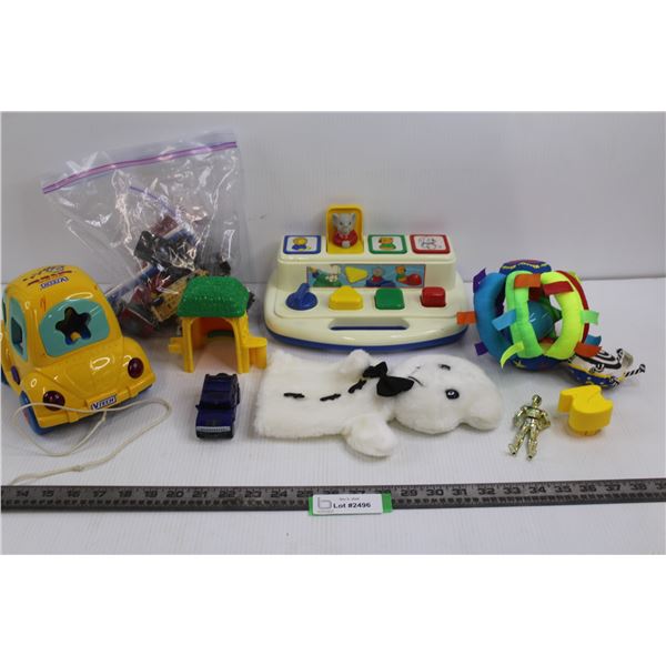 Bag of Lego's w/ Vehicles, Battat Children's Shapes Toy, Vtech Toy Car, Ghost Hand Puppet, Misc.