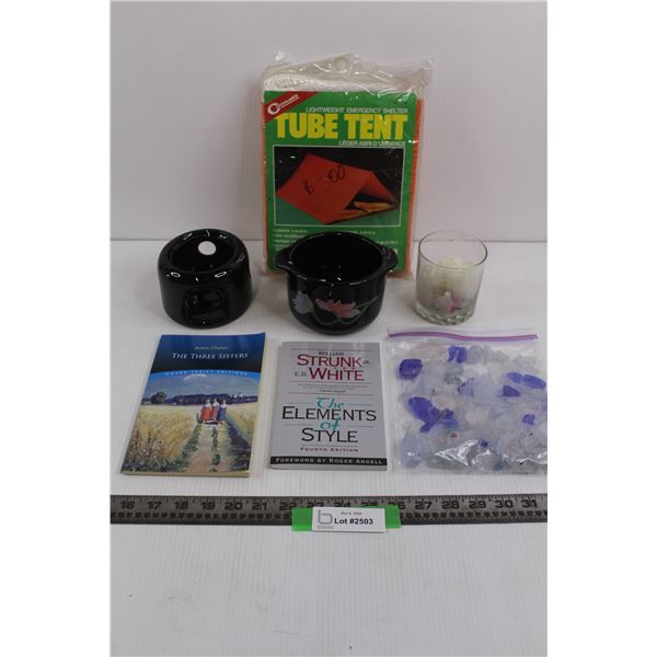 Cochlan's Lightweight Emergency Tube Tent, Black Ceramic Warmer, Bag of Crystals, (2) Books, Glass C