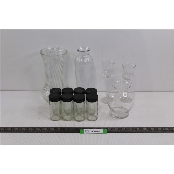 (8) Glass Seasoning Bottles, (2) Glass Flower Vases, (2) Glass Highball Glasses, Glass Candle Holder