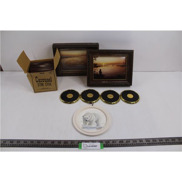 (2) Wooden Picture Frames 9.5"x7.5", Box of Carousel Stir Stix, (4) Canadian Cable Plant Coasters, R