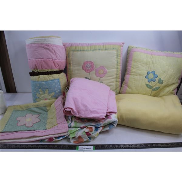 Yellow Flower Blanket & Pillow Set, White Multicoloured Butterfly Twin Bed Set, Pink Flat Sheet