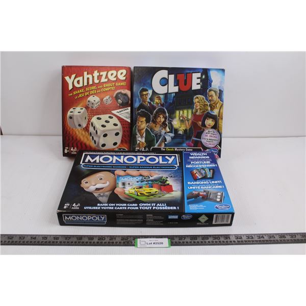 Yahtzee - As Is, Clue - As Is, Monopoly Super Electronic Banking - As Is