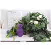 Image 1 : Purple Glass Flower Vase w/Faux Blue Flowers, Faux Plant w/Pot, & Dry Erase Calendar