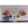 Image 1 : (4) Pink Glass Floral Plates, (2) Avon Ceramic Butter Dishes, Glass Candy Dish 7", (2) Glass Sundae 