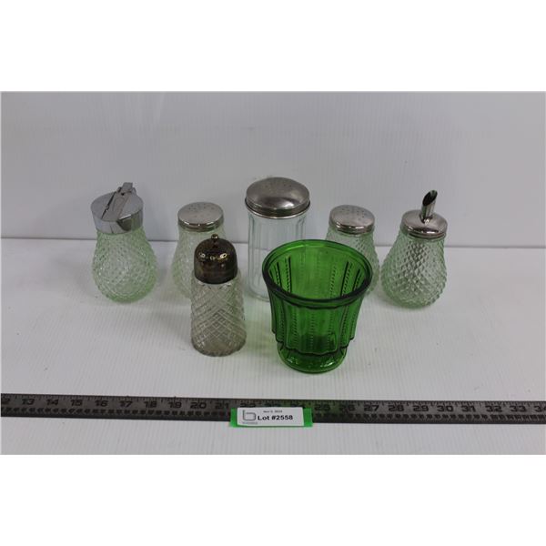 Set of Glass Salt And Pepper Shakers, (2) Syrup Containers, (2) Sugar Containers, & Green Glass Vase