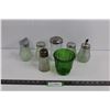 Image 1 : Set of Glass Salt And Pepper Shakers, (2) Syrup Containers, (2) Sugar Containers, & Green Glass Vase