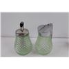 Image 2 : Set of Glass Salt And Pepper Shakers, (2) Syrup Containers, (2) Sugar Containers, & Green Glass Vase