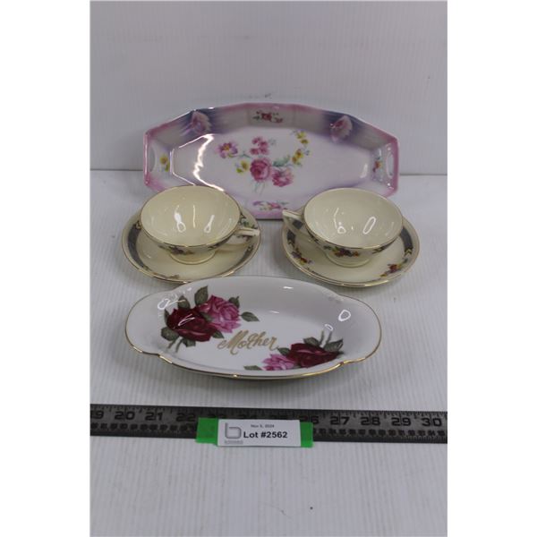 (2) Myott Son & Co. Tea Cups & Saucers, Saji China Butter Dish, Ceramic Floral Serving Tray