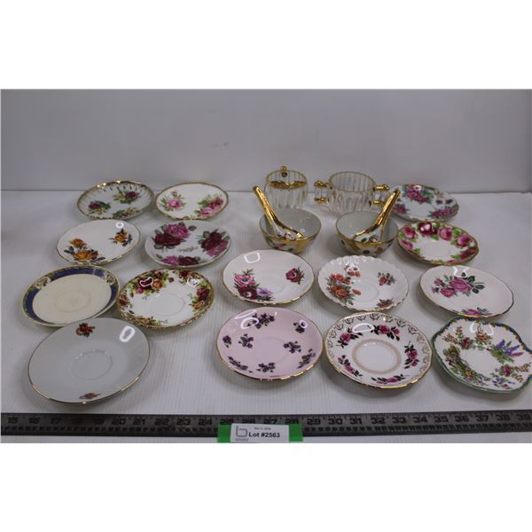 (15) China Saucers, (2) Ceramic Soup Bowls w/Spoons, & (2) Glass Serving Cups
