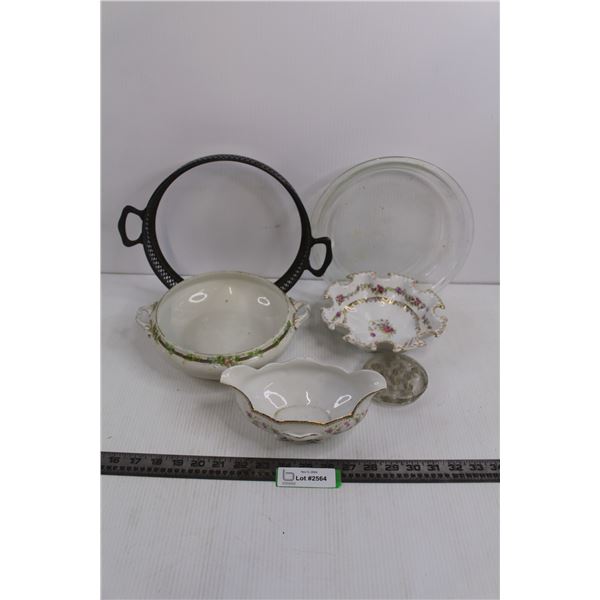 Myott Son & Co. Serving Bowl 9.5", Altrohlau Butter Dish, Assorted Glass Dishes, & Metal Serving Dis