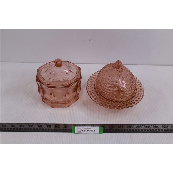 Indiana Pink Glass Candy Bowl w/Lid & Pink Depression GlassGlass Butter Dish w/Lid