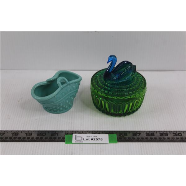 Blue/Green Glass Swan Vanity Box & Blue Basket Shaped Glass Dish