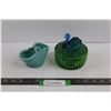 Image 1 : Blue/Green Glass Swan Vanity Box & Blue Basket Shaped Glass Dish