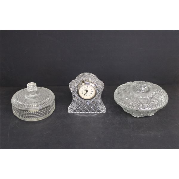Avon Crystal Vanity Box w/Lid, Pressed Glass Candy Dish, Cut Glass Clock