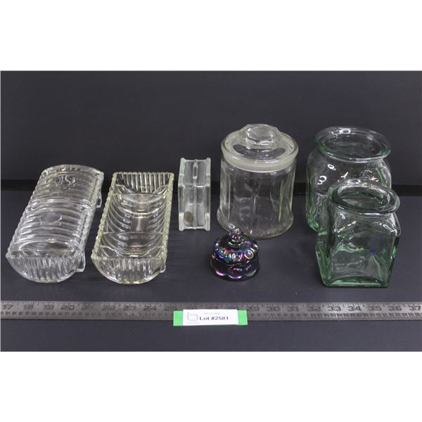 9" Glass Tray w/Lid, Glass Coin Bank, Glass Candy Jar w/Lid, (2) Glass Jars No Lid, & 9" Glass Tray