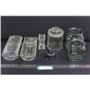 Image 1 : 9" Glass Tray w/Lid, Glass Coin Bank, Glass Candy Jar w/Lid, (2) Glass Jars No Lid, & 9" Glass Tray