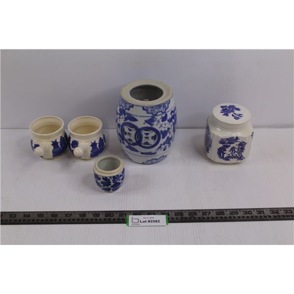 Sadler White Pottery Jar w/Lid, (2) White Pottery Cups, White Ceramic Glass 2", White Ceramic Candle