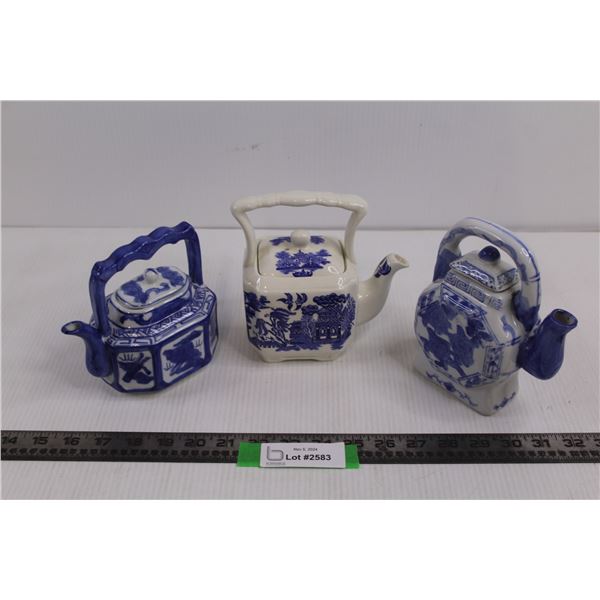 (2) White Ceramic Tea Pots w/Lid, & Stamped Porcelain Tea Pot