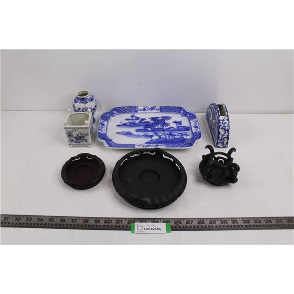 (3) Dark Wooden Candle Holders, Ceramic Two's Company Napkin Holder, Ceramic Serving Plate 12.5"x8",