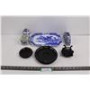 Image 1 : (3) Dark Wooden Candle Holders, Ceramic Two's Company Napkin Holder, Ceramic Serving Plate 12.5"x8",