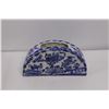 Image 2 : (3) Dark Wooden Candle Holders, Ceramic Two's Company Napkin Holder, Ceramic Serving Plate 12.5"x8",