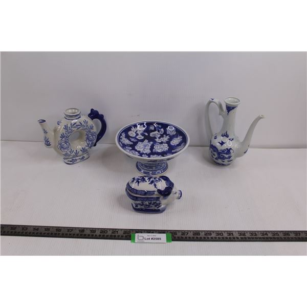 Ceramic Bison w/Lid, Blue Ceramic Bowl, Ceramic Tea Pot Vase, & Ceramic Pitcher Vase