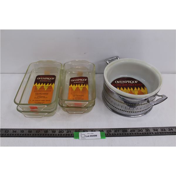 (2) Glass Loaf Dishes, (2) Glass Utility Dishes, & Glass Souffle Dish w/ Holder