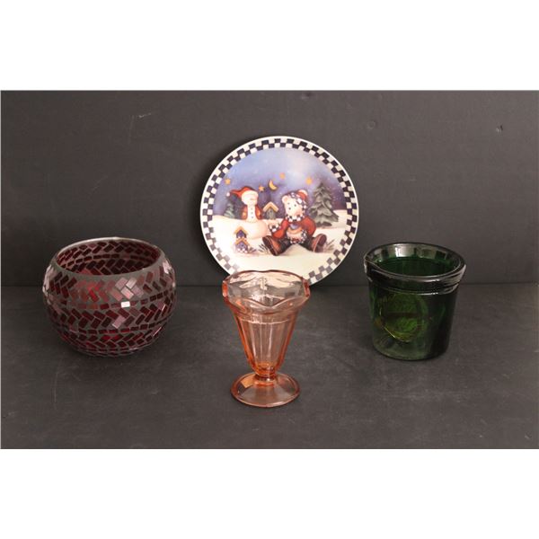 Green Glass Candle Holder , Pink Depression Glass Ice Cream Dish, Red Mosaic Glass Round Candle Hold