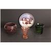 Image 1 : Green Glass Candle Holder , Pink Depression Glass Ice Cream Dish, Red Mosaic Glass Round Candle Hold
