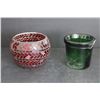 Image 3 : Green Glass Candle Holder , Pink Depression Glass Ice Cream Dish, Red Mosaic Glass Round Candle Hold