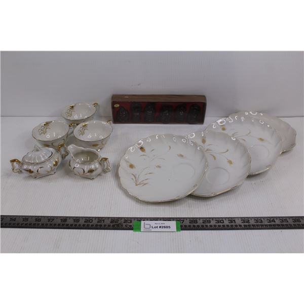 (3) Glass Tea Cups w/ Pot & Serving Dish, (4) Glass Plates 8", & Pack of 6 Buddha Statuettes w/ Wood