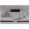 Image 1 : (3) Glass Tea Cups w/ Pot & Serving Dish, (4) Glass Plates 8", & Pack of 6 Buddha Statuettes w/ Wood