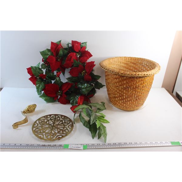 Woven Basket, Brass Trivet and Faux Poinsettia Wreath