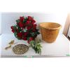 Image 1 : Woven Basket, Brass Trivet and Faux Poinsettia Wreath