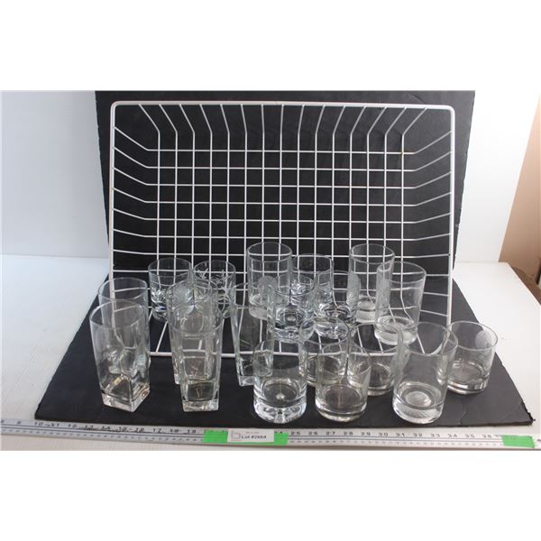 (20) Assorted Glasses and Dish Rack