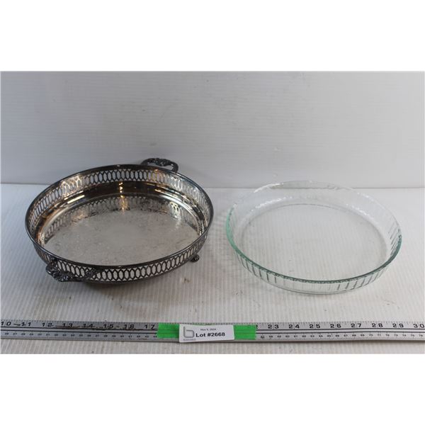 Silver Serving Tray and Pyrex Pie Dish 10''