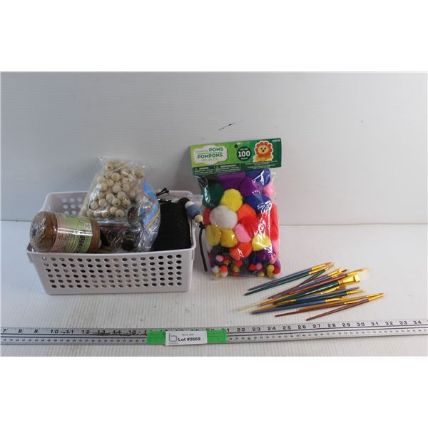 Rainbow Poms, Paint Brushes and Handcraft Kit - Threads, Rings and Wooden Beads