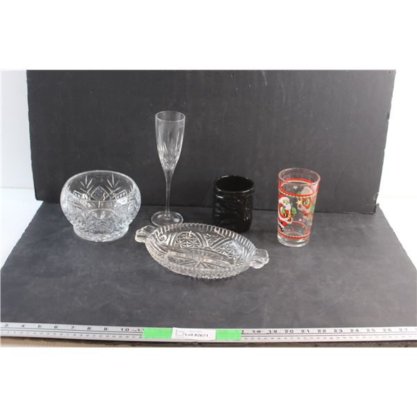 Divided Glass Serving Tray, Glass Bowl, Goblet and (2) Glasses