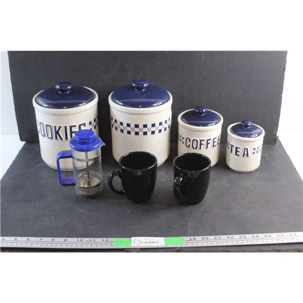 French Press, (2) Cookie, Coffee & Tea Jars with Lids and (2) Mugs