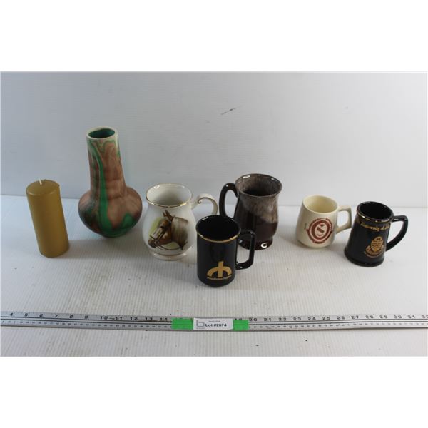 Mugs, Candle, Vase and (2) Beer Steins