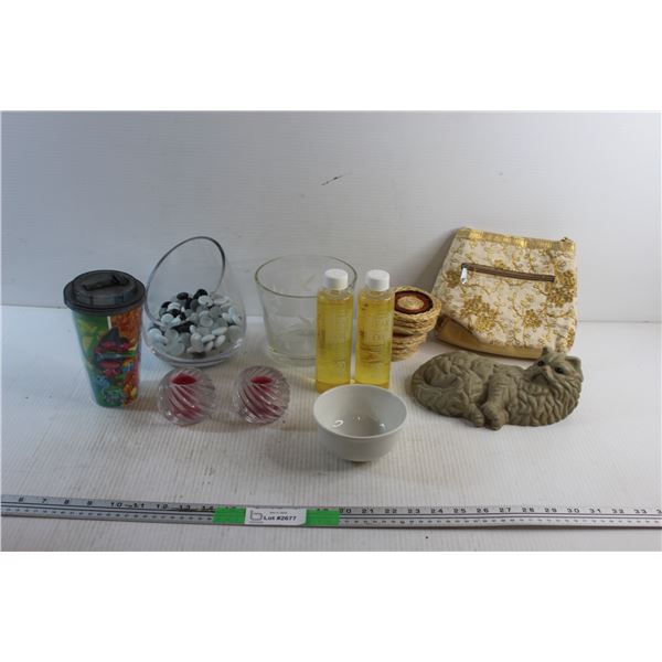 Candle Holders, Laying Cat Decor, Handbag, Teak Furniture Oil, Pokemon Cup, Coasters and Assorted It