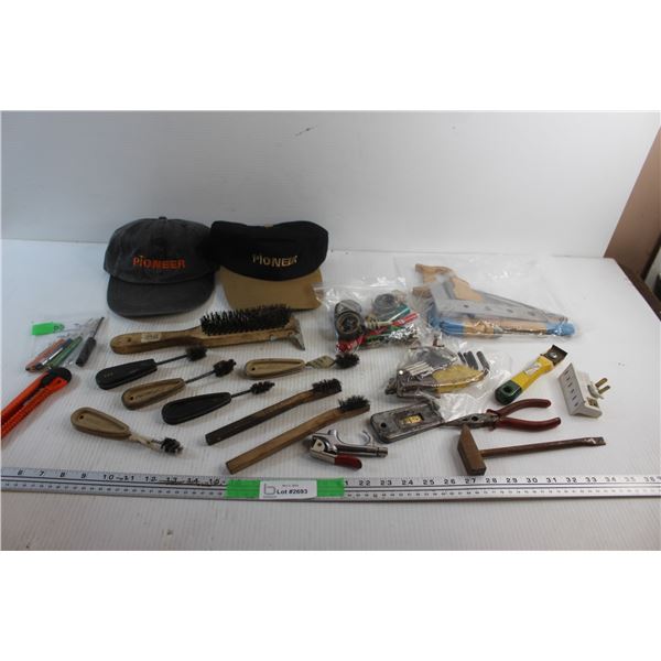 Metal Brushes, Hats. Needle Nose Pliers, Allen Wrenches, Carpenter's Set and Assorted Items