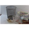 Image 3 : Trash Bin, Woven Basket, (4) Magazines - Golden Glory & Hockey News, Fire King Measuring Cup, Glass 