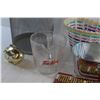 Image 6 : Trash Bin, Woven Basket, (4) Magazines - Golden Glory & Hockey News, Fire King Measuring Cup, Glass 